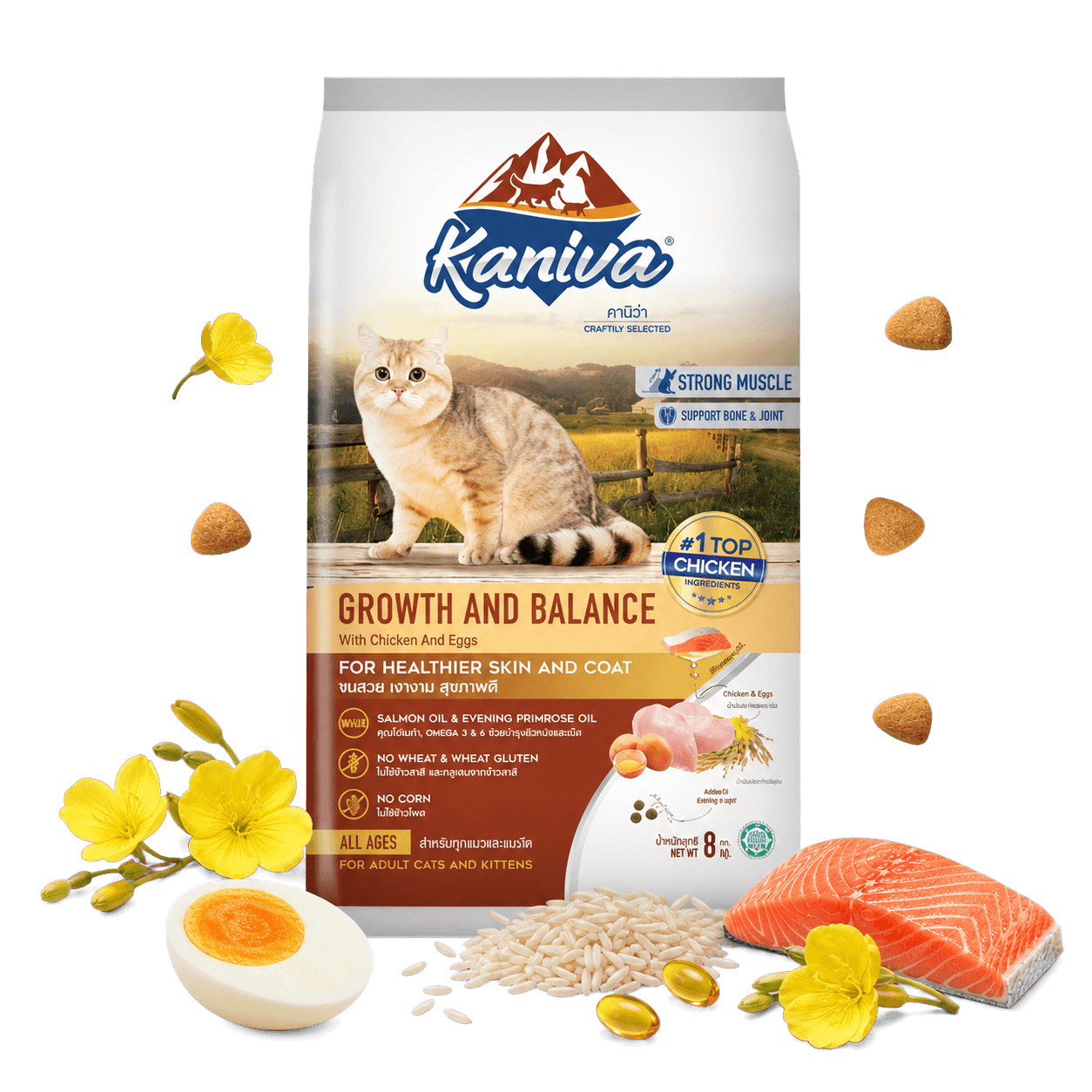 Kaniva Growth and Balance Formula with chicken, egg, rice, salmon, kibble, and evening primrose